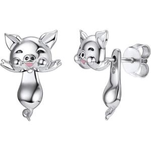 925 Silver Cute Pig/Panda Bear/Dog/Cat Earrings Stud Solid Sterling Jewelry ” Kiss me Hug Me” 3D Kitten Earring(04.Piggy)