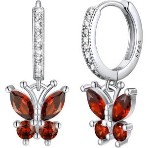 SILVERCUTE 925 Sterling Silver Butterfly Earrings – Hypoallergenic Birthstone Earrings for Women, Butterfly Dangle Earring,Dainty Birthday Gifts for Women/Her(01.January(Garnet))