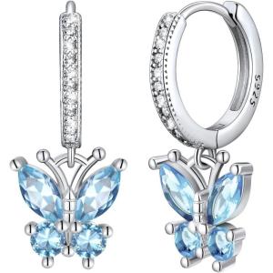 SILVERCUTE 925 Sterling Silver Butterfly Earrings – Hypoallergenic Birthstone Earrings for Women, Butterfly Dangle Earring,Dainty Birthday Gifts for Women/Her(03.March(Aquamarine))