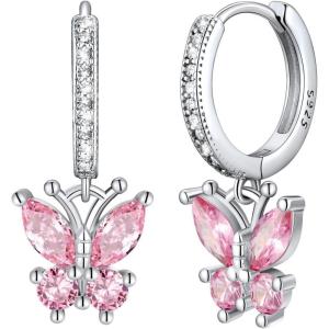 SILVERCUTE 925 Sterling Silver Butterfly Earrings – Hypoallergenic Birthstone Earrings for Women, Butterfly Dangle Earring,Dainty Birthday Gifts for Women/Her(10.October(Pink Tourmaline))