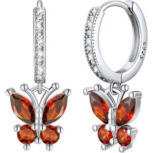 SILVERCUTE 925 Sterling Silver Butterfly Earrings – Hypoallergenic Birthstone Earrings for Women, Butterfly Dangle Earring,Dainty Birthday Gifts for Women/Her(07.July(Ruby))