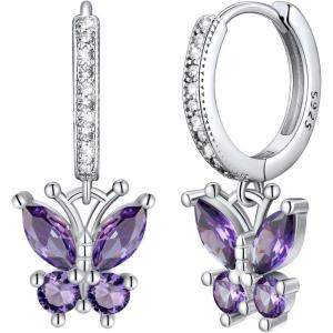 SILVERCUTE 925 Sterling Silver Butterfly Earrings – Hypoallergenic Birthstone Earrings for Women, Butterfly Dangle Earring,Dainty Birthday Gifts for Women/Her(02.February(Amethyst))
