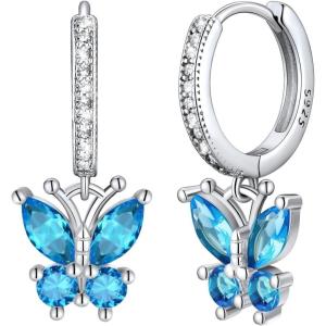 SILVERCUTE 925 Sterling Silver Butterfly Earrings – Hypoallergenic Birthstone Earrings for Women, Butterfly Dangle Earring,Dainty Birthday Gifts for Women/Her(12.December(Blue Topaz))