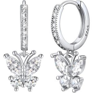 SILVERCUTE 925 Sterling Silver Butterfly Earrings – Hypoallergenic Birthstone Earrings for Women, Butterfly Dangle Earring,Dainty Birthday Gifts for Women/Her(04.April(Diamond))