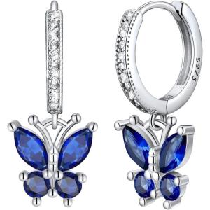 SILVERCUTE 925 Sterling Silver Butterfly Earrings – Hypoallergenic Birthstone Earrings for Women, Butterfly Dangle Earring,Dainty Birthday Gifts for Women/Her(09.September(Sapphire))