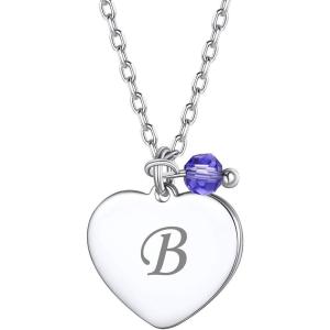 SILVERCUTE Custom Initial Disc Necklace 925 Sterling Silver Minimalist Personalized Circle/Heart Pendant Text Engravable with Name/Date/Locations Medal Necklaces for Men Women(D-Heart Disc(15mm)+birthstone)