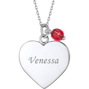 SILVERCUTE Custom Initial Disc Necklace 925 Sterling Silver Minimalist Personalized Circle/Heart Pendant Text Engravable with Name/Date/Locations Medal Necklaces for Men Women(D-Heart Disc(25mm)+birthstone)