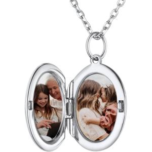 SILVERCUTE Personalized & Engraved Locket Necklace with 18″ Chain -Angel Wings Locket, Custom Heart Locket Pendant that Holds Picture, Sterling Silver or Gold Plated(G-Sterling Silver Oval Locket+2 photos+text)