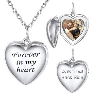 SILVERCUTE Personalized & Engraved Locket Necklace with 18″ Chain -Angel Wings Locket, Custom Heart Locket Pendant that Holds Picture, Sterling Silver or Gold Plated(F-Sterling Silver Forever in my heart+photo+text)