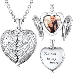 SILVERCUTE Personalized & Engraved Locket Necklace with 18″ Chain -Angel Wings Locket, Custom Heart Locket Pendant that Holds Picture, Sterling Silver or Gold Plated(A-Platinum Plated Angel Wing(21mm))