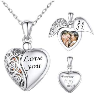 SILVERCUTE Personalized & Engraved Locket Necklace with 18″ Chain -Angel Wings Locket, Custom Heart Locket Pendant that Holds Picture, Sterling Silver or Gold Plated(C-Sterling Silver Love You)