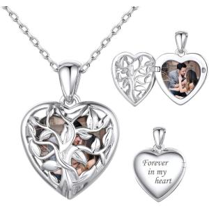 SILVERCUTE Personalized & Engraved Locket Necklace with 18″ Chain -Angel Wings Locket, Custom Heart Locket Pendant that Holds Picture, Sterling Silver or Gold Plated(I-Sterling Silver Family Tree)