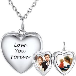 SILVERCUTE Personalized & Engraved Locket Necklace with 18″ Chain -Angel Wings Locket, Custom Heart Locket Pendant that Holds Picture, Sterling Silver or Gold Plated(Sterling Silver Heart)