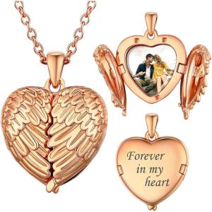 SILVERCUTE Personalized & Engraved Locket Necklace with 18″ Chain -Angel Wings Locket, Custom Heart Locket Pendant that Holds Picture, Sterling Silver or Gold Plated(A-Rose Gold Plated Angel Wing(21mm))