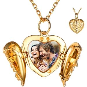 SILVERCUTE Personalized & Engraved Locket Necklace with 18″ Chain -Angel Wings Locket, Custom Heart Locket Pendant that Holds Picture, Sterling Silver or Gold Plated(B-Gold Plated Angel Wing(16mm))