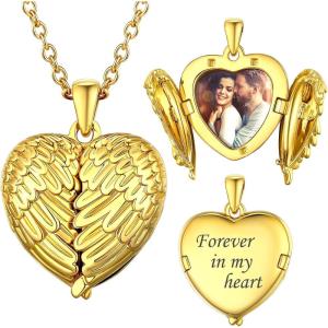 SILVERCUTE Personalized & Engraved Locket Necklace with 18″ Chain -Angel Wings Locket, Custom Heart Locket Pendant that Holds Picture, Sterling Silver or Gold Plated(A-Gold Plated Angel Wing(21mm))