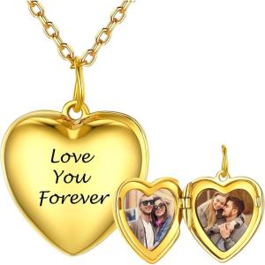SILVERCUTE Personalized & Engraved Locket Necklace with 18″ Chain -Angel Wings Locket, Custom Heart Locket Pendant that Holds Picture, Sterling Silver or Gold Plated(E-Gold Plated Heart Locket+2 photos+text)