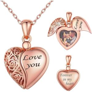 SILVERCUTE Personalized & Engraved Locket Necklace with 18″ Chain -Angel Wings Locket, Custom Heart Locket Pendant that Holds Picture, Sterling Silver or Gold Plated(C-Rose Gold Plated Love You)