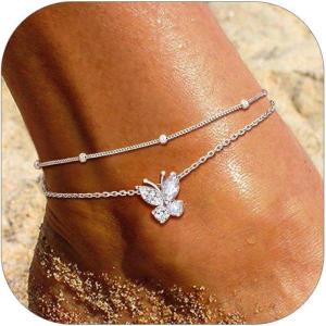SILVERCUTE Silver Anklets for Women Cute Butterfly Jewelry 925 Sterling Silver Anklets Waterproof Summer Beach Foot Bracelet January to December Birthstone Anklet 22-27cm(04.April (Diamond)-Layered)