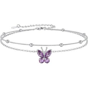 SILVERCUTE Silver Anklets for Women Cute Butterfly Jewelry 925 Sterling Silver Anklets Waterproof Summer Beach Foot Bracelet January to December Birthstone Anklet 22-27cm(06.June (Alexandrite)-Layered)