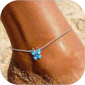 SILVERCUTE Silver Anklets for Women Cute Butterfly Jewelry 925 Sterling Silver Anklets Waterproof Summer Beach Foot Bracelet January to December Birthstone Anklet 22-27cm(12.December (Blue Topaz))
