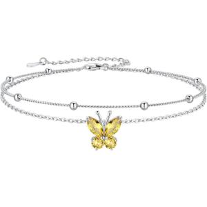 SILVERCUTE Silver Anklets for Women Cute Butterfly Jewelry 925 Sterling Silver Anklets Waterproof Summer Beach Foot Bracelet January to December Birthstone Anklet 22-27cm(11.November (Citrine)-Layered)