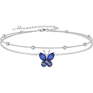 SILVERCUTE Silver Anklets for Women Cute Butterfly Jewelry 925 Sterling Silver Anklets Waterproof Summer Beach Foot Bracelet January to December Birthstone Anklet 22-27cm(09.September (Sapphire)-Layered)