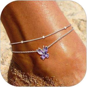 SILVERCUTE Silver Anklets for Women Cute Butterfly Jewelry 925 Sterling Silver Anklets Waterproof Summer Beach Foot Bracelet January to December Birthstone Anklet 22-27cm(02.February (Amythest)-Layered)