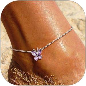 SILVERCUTE Silver Anklets for Women Cute Butterfly Jewelry 925 Sterling Silver Anklets Waterproof Summer Beach Foot Bracelet January to December Birthstone Anklet 22-27cm(06.June (Alexandrite))