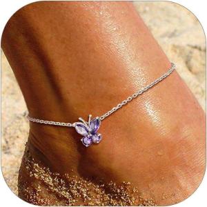SILVERCUTE Silver Anklets for Women Cute Butterfly Jewelry 925 Sterling Silver Anklets Waterproof Summer Beach Foot Bracelet January to December Birthstone Anklet 22-27cm(02.February (Amythest))