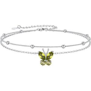 SILVERCUTE Silver Anklets for Women Cute Butterfly Jewelry 925 Sterling Silver Anklets Waterproof Summer Beach Foot Bracelet January to December Birthstone Anklet 22-27cm(08.August (Peridot)-Layered)