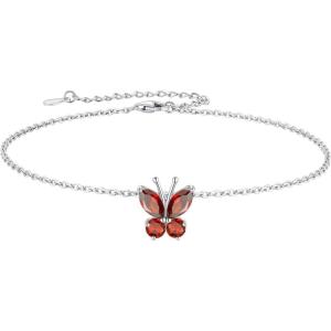 SILVERCUTE Silver Anklets for Women Cute Butterfly Jewelry 925 Sterling Silver Anklets Waterproof Summer Beach Foot Bracelet January to December Birthstone Anklet 22-27cm(07.July (Ruby))