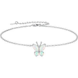 SILVERCUTE Silver Anklets for Women Cute Butterfly Jewelry 925 Sterling Silver Anklets Waterproof Summer Beach Foot Bracelet January to December Birthstone Anklet 22-27cm(10.Opal)
