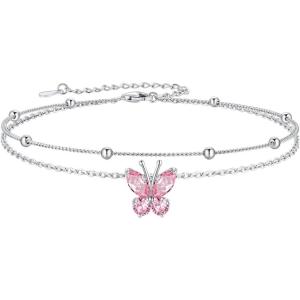 SILVERCUTE Silver Anklets for Women Cute Butterfly Jewelry 925 Sterling Silver Anklets Waterproof Summer Beach Foot Bracelet January to December Birthstone Anklet 22-27cm(10.October (Tourmaline Pink)-Layered)