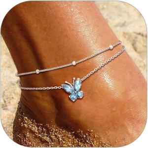 SILVERCUTE Silver Anklets for Women Cute Butterfly Jewelry 925 Sterling Silver Anklets Waterproof Summer Beach Foot Bracelet January to December Birthstone Anklet 22-27cm(03.March (Aquamarine)-Layered)