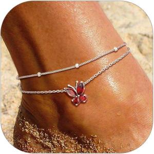 SILVERCUTE Silver Anklets for Women Cute Butterfly Jewelry 925 Sterling Silver Anklets Waterproof Summer Beach Foot Bracelet January to December Birthstone Anklet 22-27cm(01.January (Garnet)-Layered)