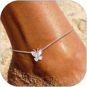 SILVERCUTE Silver Anklets for Women Cute Butterfly Jewelry 925 Sterling Silver Anklets Waterproof Summer Beach Foot Bracelet January to December Birthstone Anklet 22-27cm(04.April (Diamond))