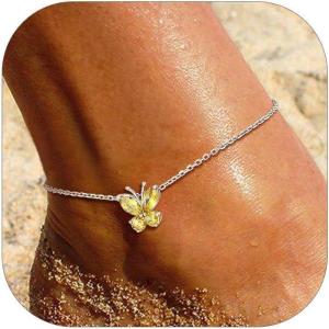 SILVERCUTE Silver Anklets for Women Cute Butterfly Jewelry 925 Sterling Silver Anklets Waterproof Summer Beach Foot Bracelet January to December Birthstone Anklet 22-27cm(11.November (Citrine))