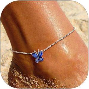 SILVERCUTE Silver Anklets for Women Cute Butterfly Jewelry 925 Sterling Silver Anklets Waterproof Summer Beach Foot Bracelet January to December Birthstone Anklet 22-27cm(09.September (Sapphire))
