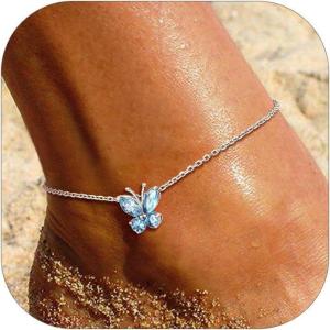 SILVERCUTE Silver Anklets for Women Cute Butterfly Jewelry 925 Sterling Silver Anklets Waterproof Summer Beach Foot Bracelet January to December Birthstone Anklet 22-27cm(03.March (Aquamarine))