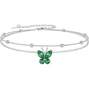 SILVERCUTE Silver Anklets for Women Cute Butterfly Jewelry 925 Sterling Silver Anklets Waterproof Summer Beach Foot Bracelet January to December Birthstone Anklet 22-27cm(05.May (Emerald Geen)-Layered)