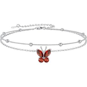 SILVERCUTE Silver Anklets for Women Cute Butterfly Jewelry 925 Sterling Silver Anklets Waterproof Summer Beach Foot Bracelet January to December Birthstone Anklet 22-27cm(07.July (Ruby)-Layered)