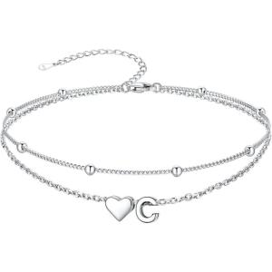 SILVERCUTE Silver Anklets for Women, Waterproof Initial Heart Ankle Bracelets Sterling Silver, Adjustable Layered Foot Jewelry Summer Beach Fashion with Personalized Name Design, Gift Package(C)