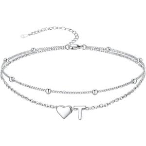 SILVERCUTE Silver Anklets for Women, Waterproof Initial Heart Ankle Bracelets Sterling Silver, Adjustable Layered Foot Jewelry Summer Beach Fashion with Personalized Name Design, Gift Package(T)