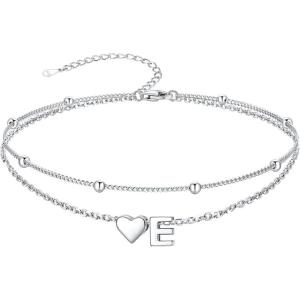 SILVERCUTE Silver Anklets for Women, Waterproof Initial Heart Ankle Bracelets Sterling Silver, Adjustable Layered Foot Jewelry Summer Beach Fashion with Personalized Name Design, Gift Package(E)