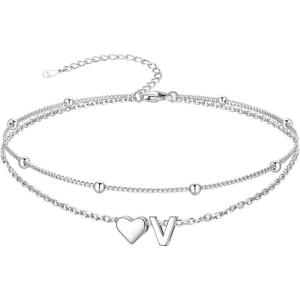 SILVERCUTE Silver Anklets for Women, Waterproof Initial Heart Ankle Bracelets Sterling Silver, Adjustable Layered Foot Jewelry Summer Beach Fashion with Personalized Name Design, Gift Package(V)