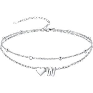 SILVERCUTE Silver Anklets for Women, Waterproof Initial Heart Ankle Bracelets Sterling Silver, Adjustable Layered Foot Jewelry Summer Beach Fashion with Personalized Name Design, Gift Package(W)
