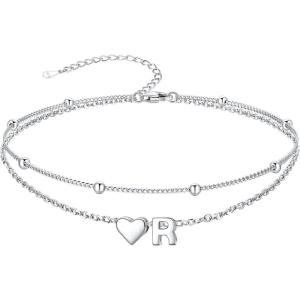 SILVERCUTE Silver Anklets for Women, Waterproof Initial Heart Ankle Bracelets Sterling Silver, Adjustable Layered Foot Jewelry Summer Beach Fashion with Personalized Name Design, Gift Package(R)