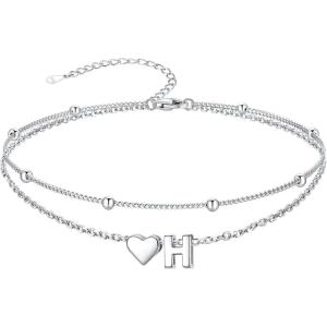 SILVERCUTE Silver Anklets for Women, Waterproof Initial Heart Ankle Bracelets Sterling Silver, Adjustable Layered Foot Jewelry Summer Beach Fashion with Personalized Name Design, Gift Package(H)