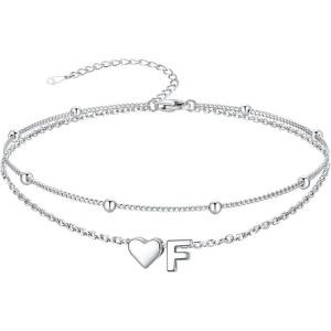 SILVERCUTE Silver Anklets for Women, Waterproof Initial Heart Ankle Bracelets Sterling Silver, Adjustable Layered Foot Jewelry Summer Beach Fashion with Personalized Name Design, Gift Package(F)